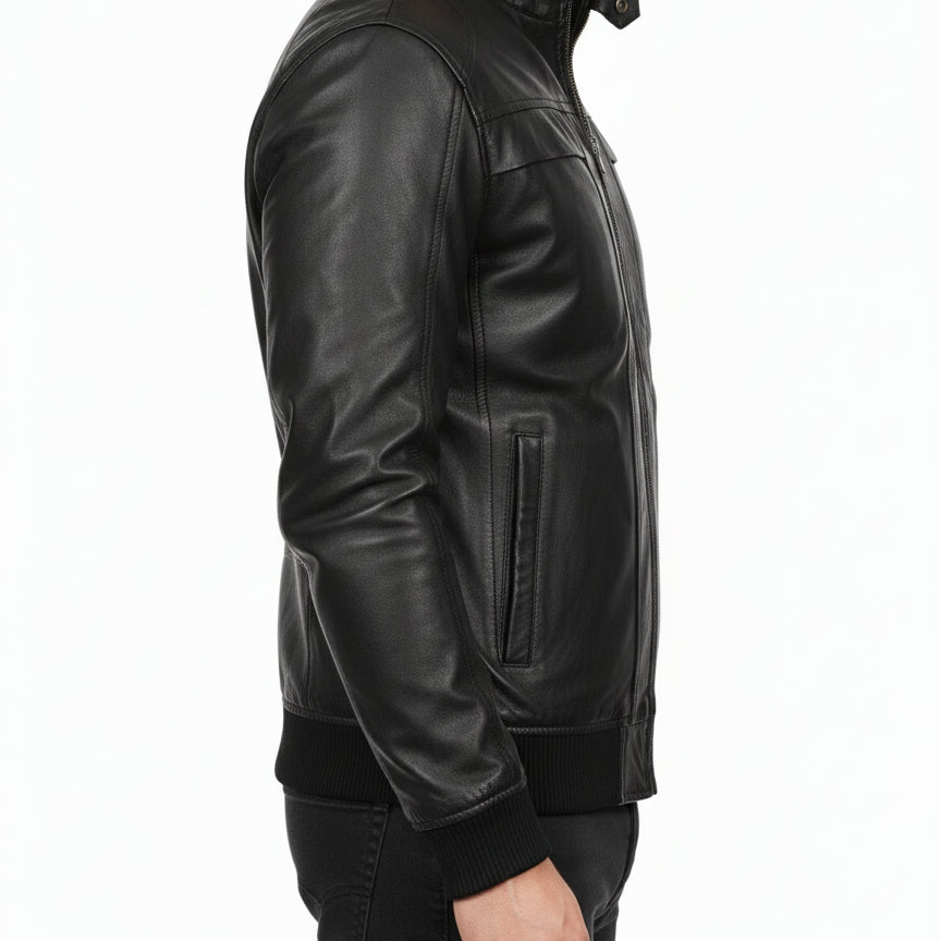 model-side-view - Mens Biker Leather Jacket, Men Slim Fit Black Biker Leather Jacket