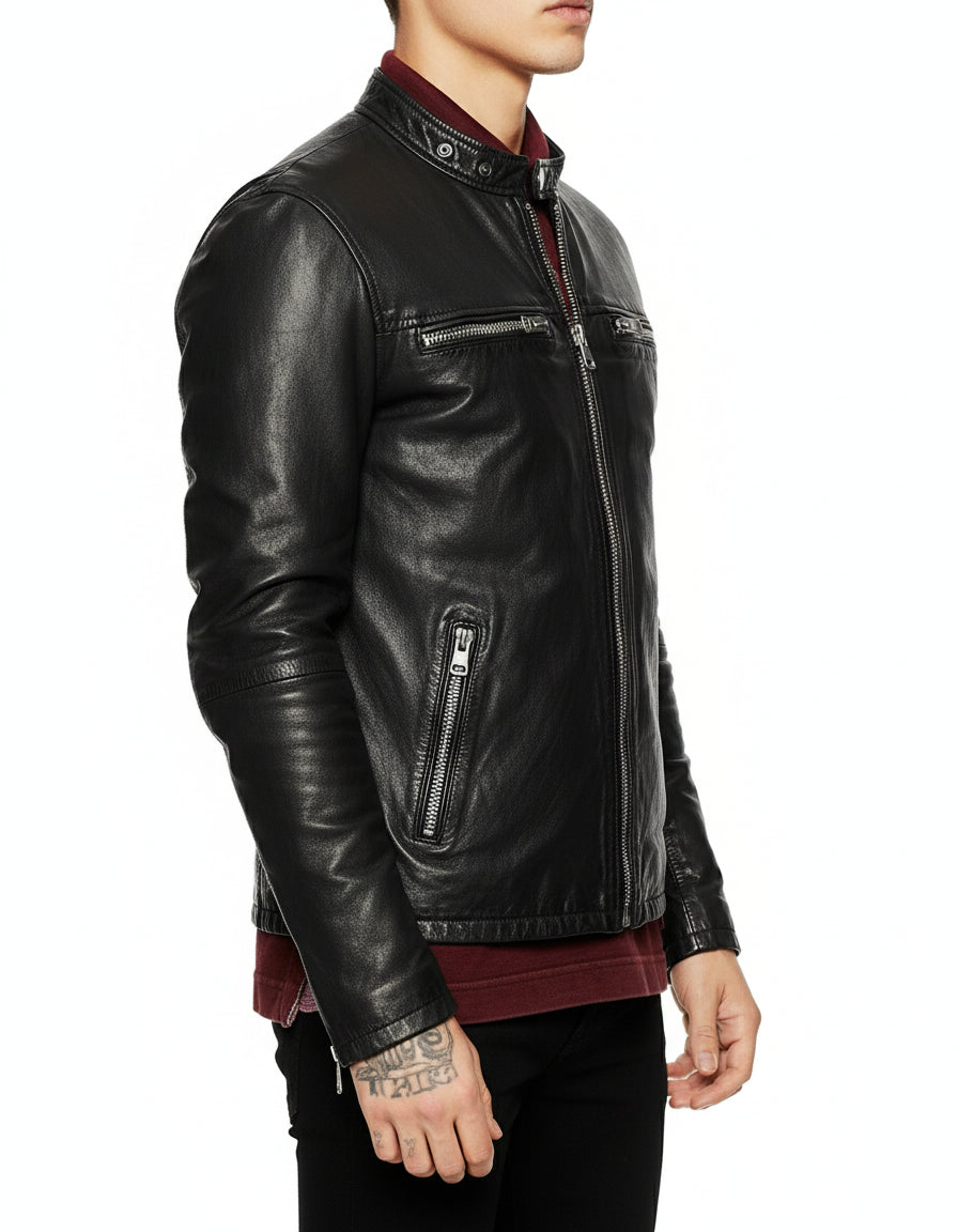 model-side-view - Men's Biker Leather Jacket, Stylish Black Leather Jacket for Men