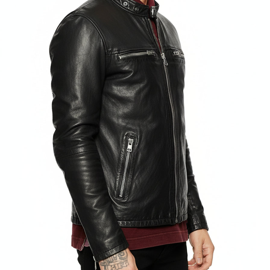 model-side-view - Men's Biker Leather Jacket, Stylish Black Leather Jacket for Men