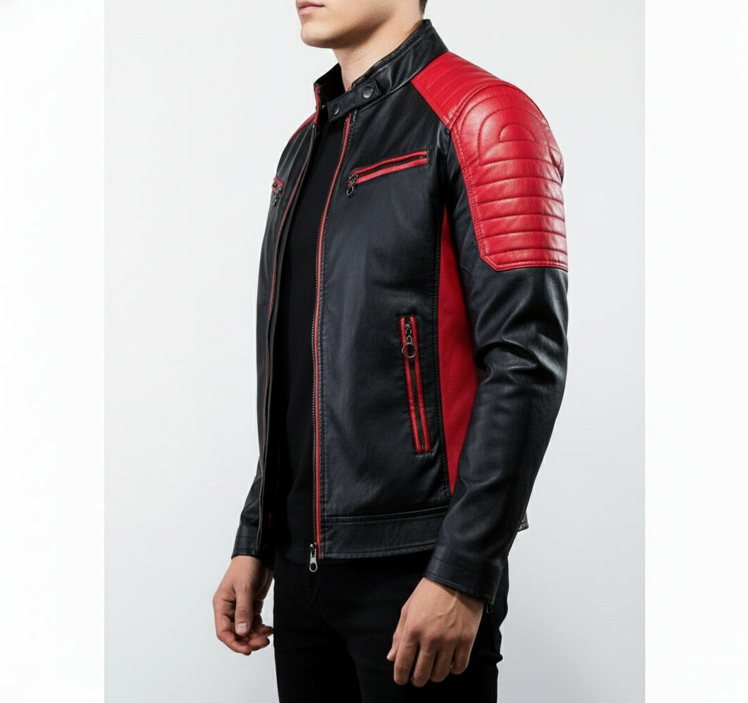 model-side-view - Men's Black and Red Leather Biker Jacket