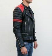 model-side-view - Men's Black and Red Leather Jacket with Zipper Closure
