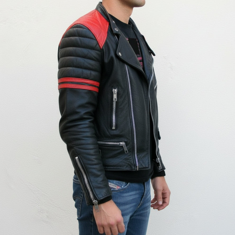 model-side-view - Men's Black and Red Leather Jacket with Zipper Closure