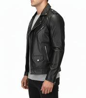 model-side-view - Mens black biker leather jacket belted Jacket, Men black leather jacket