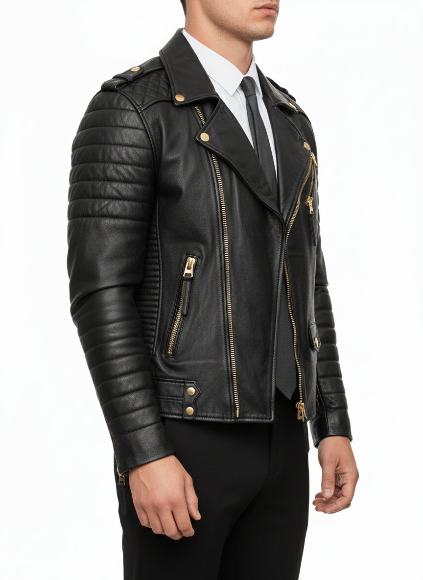 model-side-view - Men's Black Biker Leather Jacket with Customization Options