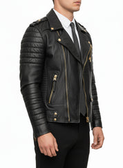 model-side-view - Men's Black Biker Leather Jacket with Customization Options