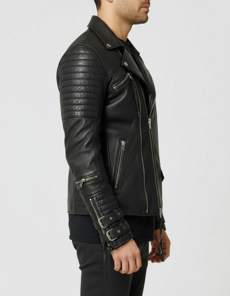 model-side-view - Men's Black Biker Leather Jacket with Multi Pockets