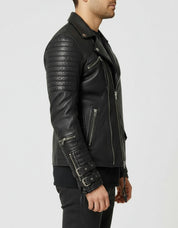 model-side-view - Men's Black Biker Leather Jacket with Multi Pockets