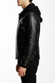 model-side-view - Men's Black Hooded Biker Leather Jacket with Detachable Hood