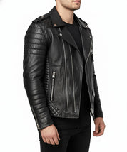 model-side-view - Men's Black Leather Biker Jacket for Motorcycle Riders