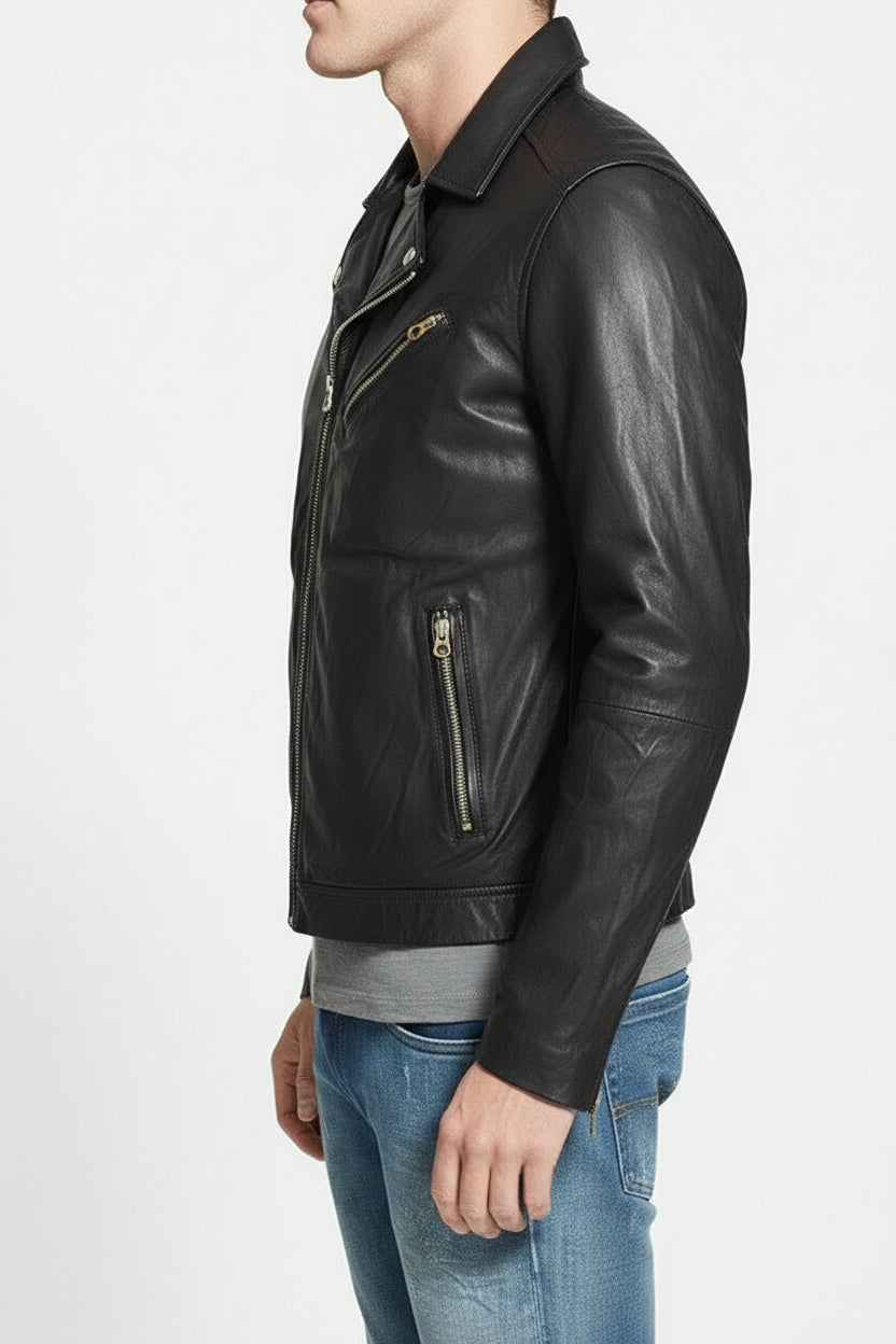 model-side-view - Men's Black Leather Motorcycle Jacket