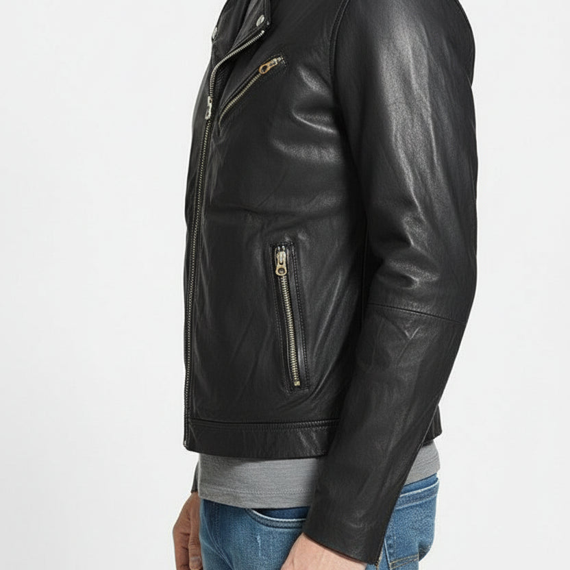 model-side-view - Men's Black Leather Motorcycle Jacket