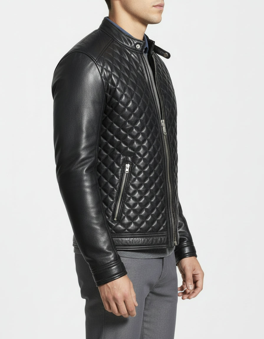 model-side-view - Men's Black Quilted Leather Biker Jacket with Stand-Up Collar
