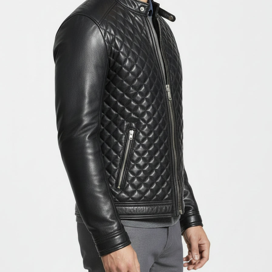 model-side-view - Men's Black Quilted Leather Biker Jacket with Stand-Up Collar