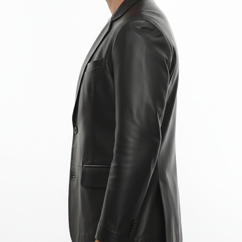 model-side-view - Men's Blazer Leather Jacket, Leather Sport Coat, Tailored Leather Blazer, Men's Leather Jacket