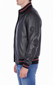 model-side-view - Men's Bomber Leather Jacket, Leather Bomber Jacket, Men's Leather Jacket, Stylish Bomber Jacket