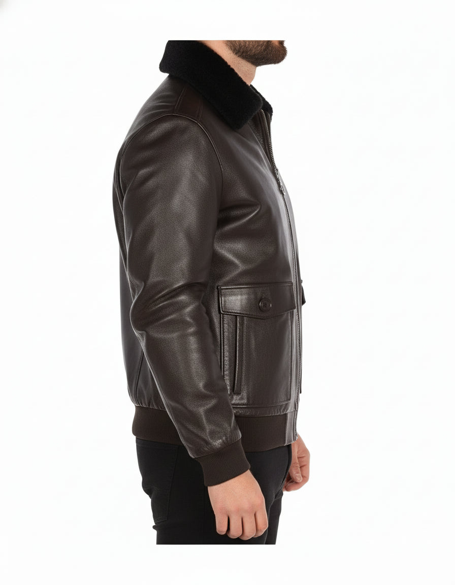 model-side-view - Men's Bomber Leather Jacket, Leather Bomber Jacket, Men's Leather Flight Jacket, Smooth Leather Bomber Jacket