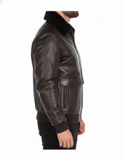 model-side-view - Men's Bomber Leather Jacket, Leather Bomber Jacket, Men's Leather Flight Jacket, Smooth Leather Bomber Jacket