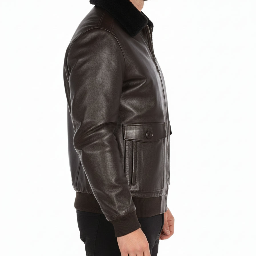 model-side-view - Men's Bomber Leather Jacket, Leather Bomber Jacket, Men's Leather Flight Jacket, Smooth Leather Bomber Jacket