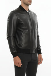 model-side-view - Men's Bomber Leather Jacket, Smooth Leather Bomber, Classic Bomber Jacket, Leather Flight Jacket