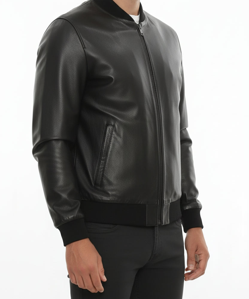 model-side-view - Men's Bomber Leather Jacket, Smooth Leather Bomber, Classic Bomber Jacket, Leather Flight Jacket