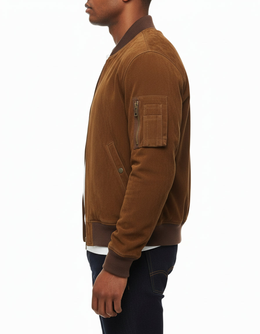 model-side-view - Men's Bomber Suede Jacket, Suede Bomber Jacket, Men's Suede Jacket, Classic Bomber Jacket