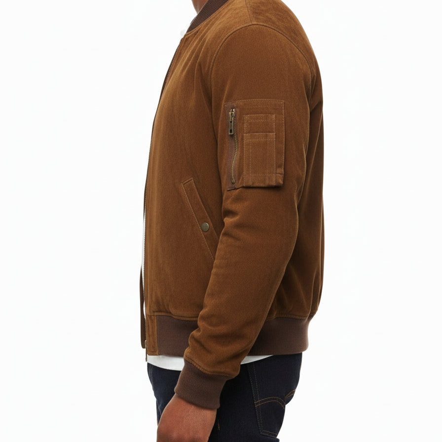 model-side-view - Men's Bomber Suede Jacket, Suede Bomber Jacket, Men's Suede Jacket, Classic Bomber Jacket
