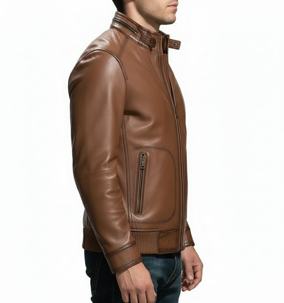 model-side-view - Mens brown genuine sheep leather jacket Men motocycle jacket, biker jacket