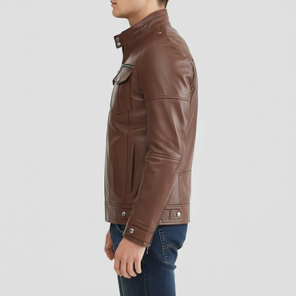 model-side-view - Men's Brown Leather Biker Jacket with Multi Pockets