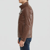 model-side-view - Men's Brown Leather Biker Jacket with Multi Pockets