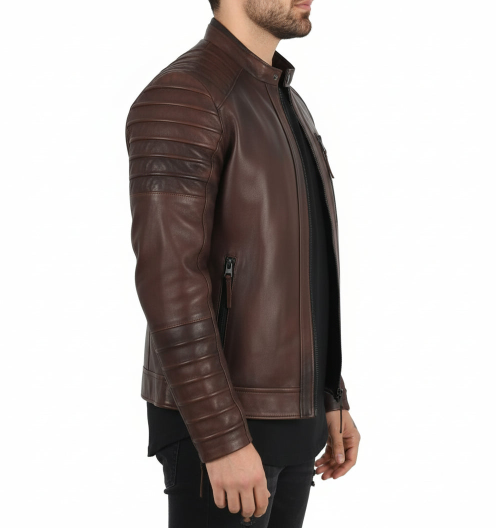 model-side-view - Mens Brown Leather Jacket, Brown Quilted Genuine Lambskin Biker jacket