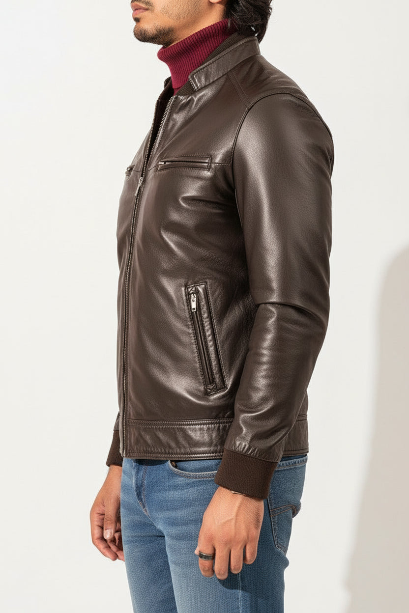 model-side-view - Mens brown leather jacket, Men multi pockets biker jacket slim fit jacket