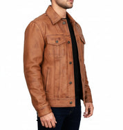 model-side-view - Men's Brown Leather Trucker Jacket, Men Tan Tan Genuine Leather Jacket