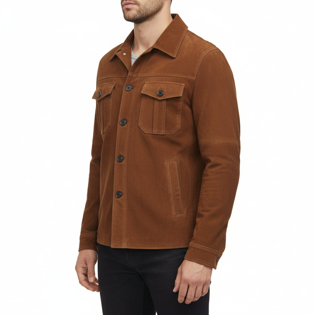 model-side-view - Mens brown suede cowboy jacket, Men brown suede truker jacket, Men Jacket