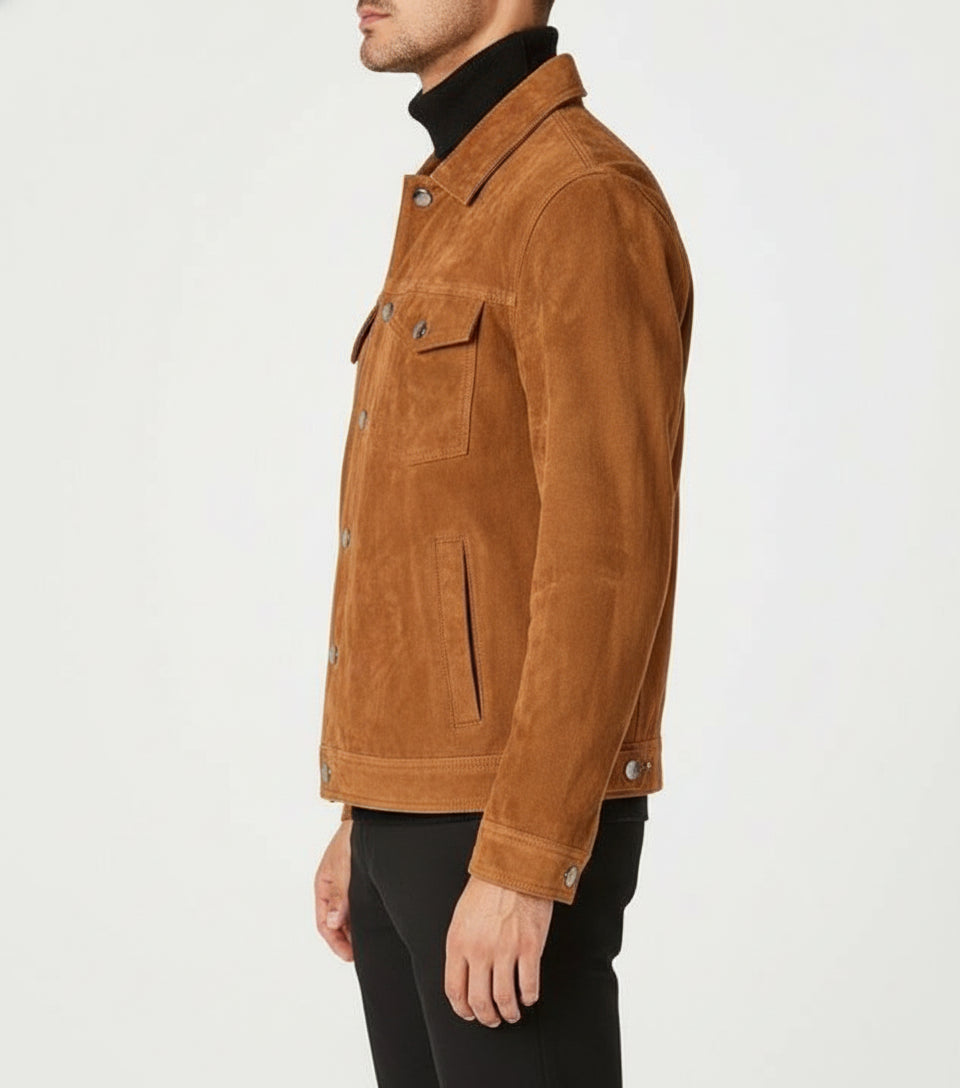 model-side-view - Men's Brown Suede Leather Trucker Jacket, Genuine Brown Western Soft Suede