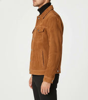 model-side-view - Men's Brown Suede Leather Trucker Jacket, Genuine Brown Western Soft Suede