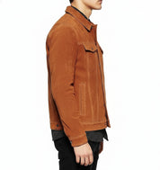 model-side-view - Men's Brown Suede Leather Trucker Jacket
