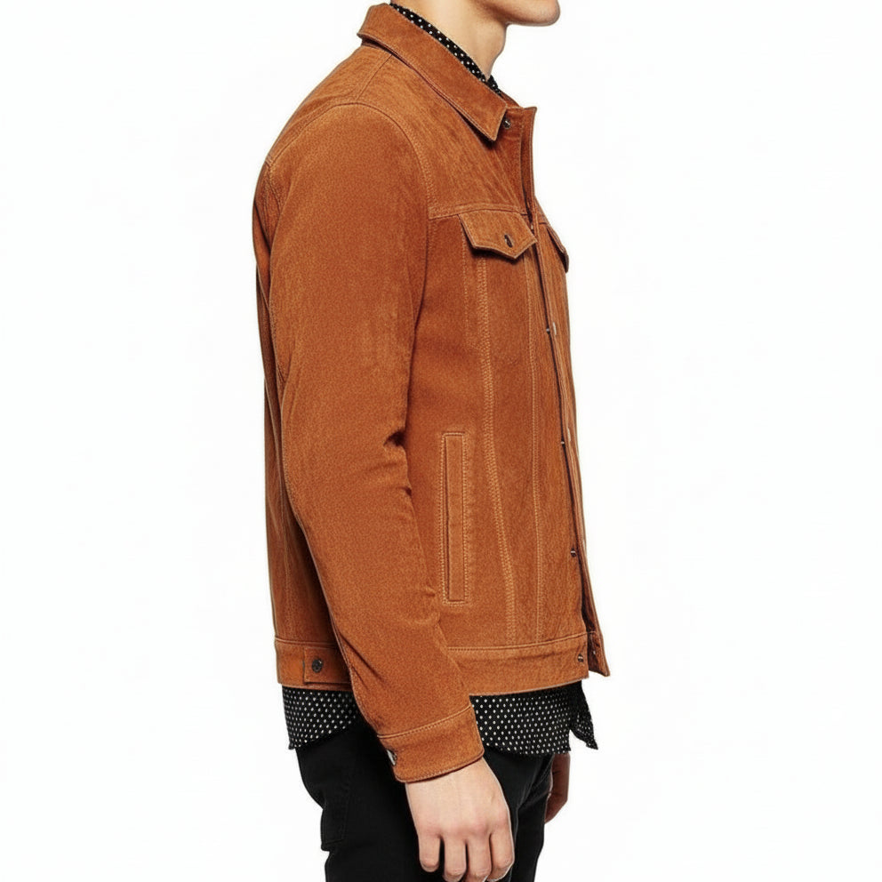 model-side-view - Men's Brown Suede Leather Trucker Jacket