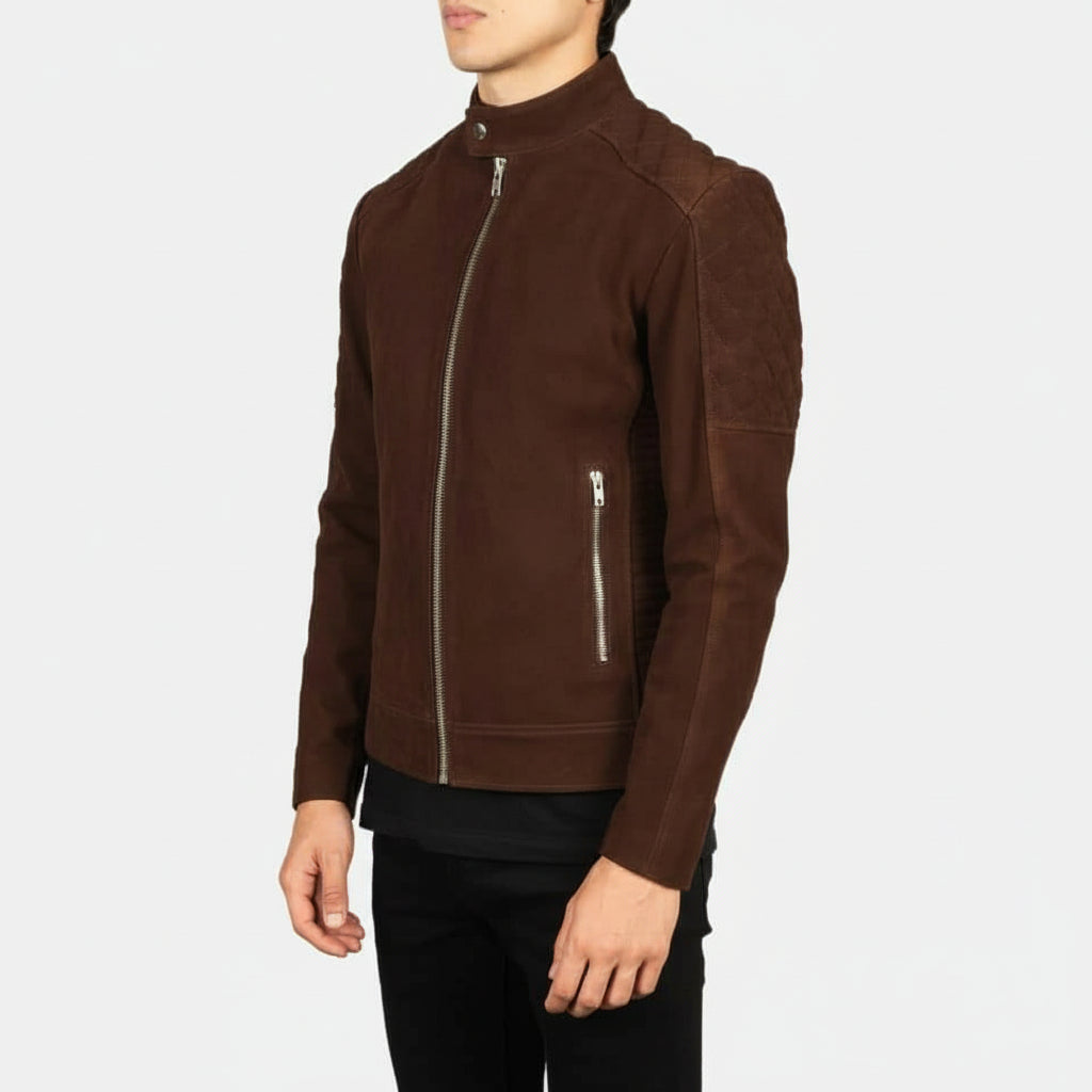 model-side-view - Men's Brown Suede Slim Fit Biker Jacket