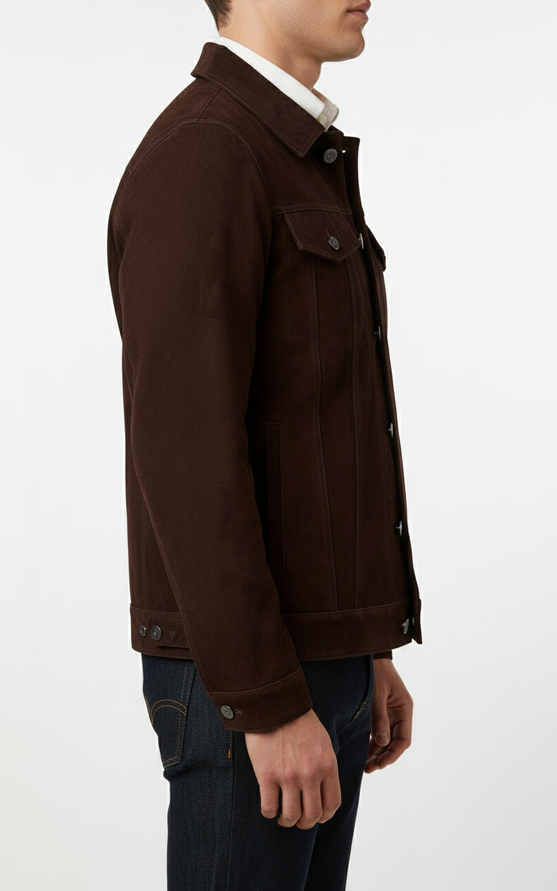 model-side-view - Men's Brown Suede Trucker Jacket with Classic Shirt Collar