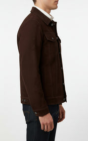 model-side-view - Men's Brown Suede Trucker Jacket with Classic Shirt Collar
