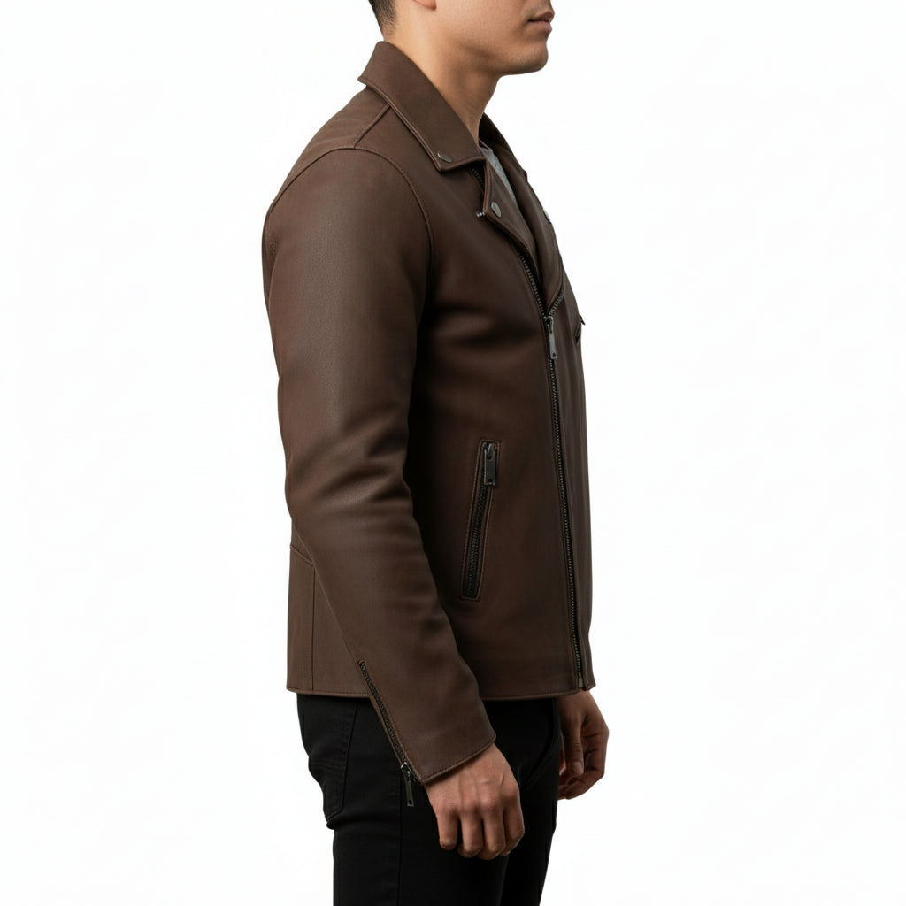 model-side-view - Men's Cafe Racer Leather Jacket, Biker Jacket, Leather Moto Jacket, Handmade Motorcycle Jacket