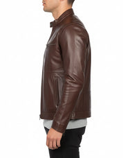 model-side-view - Men's Cafe Racer Leather Jacket, Biker Leather Jacket, Motorcycle Leather Jacket, Leather Moto Jacket