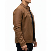 model-side-view - Men's Cafe Racer Leather Jacket, Leather Biker Jacket, Motorcycle Leather Jacket, Men's Moto Jacket