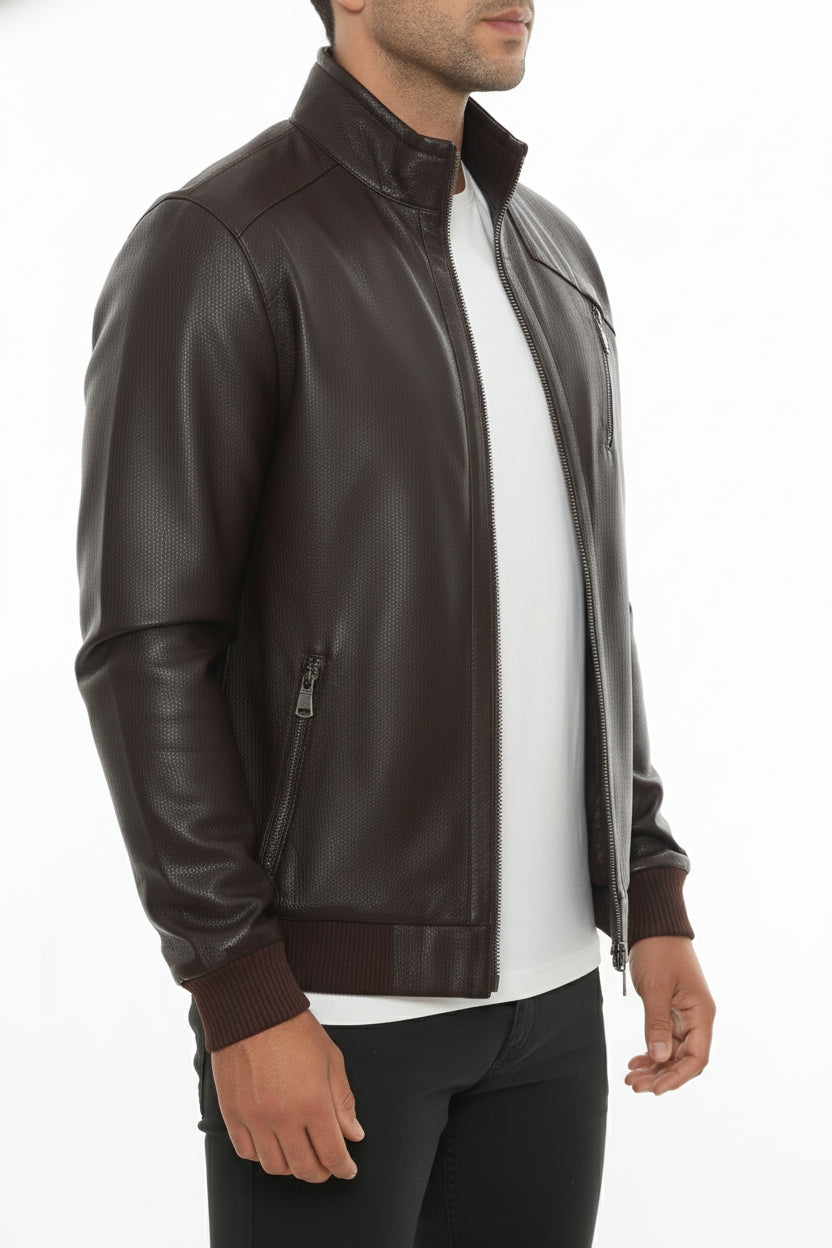 model-side-view - Men's Cafe Racer Leather Jacket, Leather Biker Jacket, Smooth Leather Moto Jacket