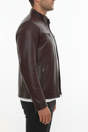 model-side-view - Men's Cafe Racer Leather Jacket, Leather Biker Jacket, Men's Motorcycle Jacket, Men's Moto Jacket