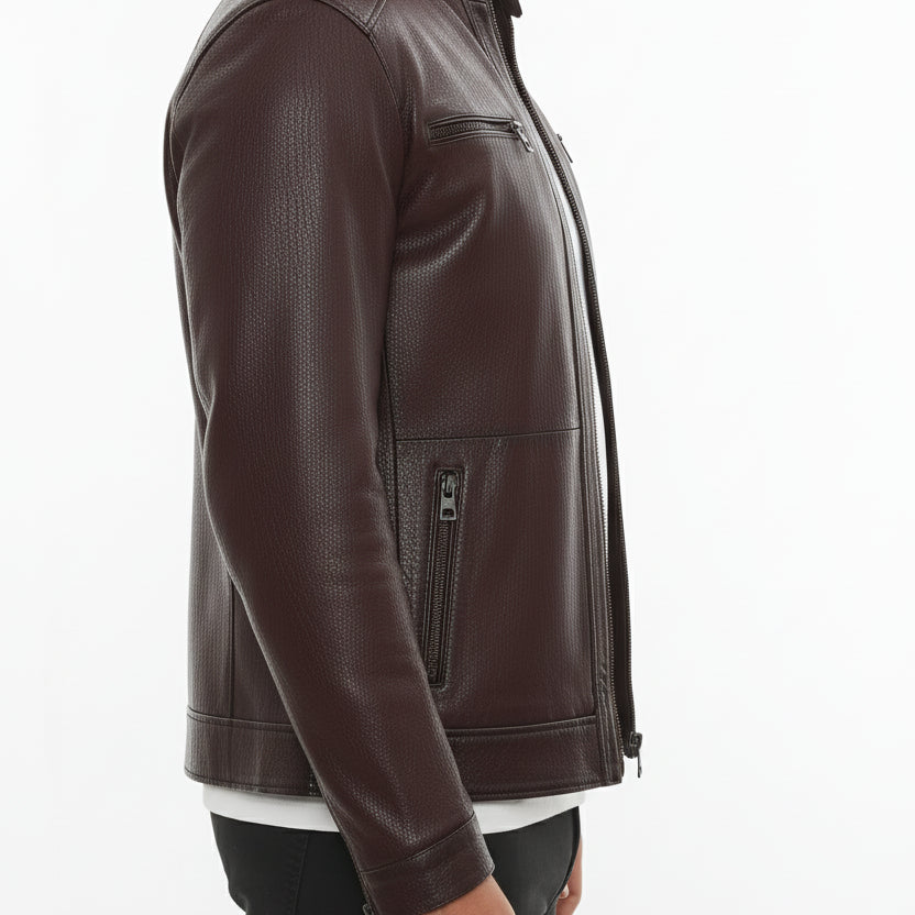 model-side-view - Men's Cafe Racer Leather Jacket, Leather Biker Jacket, Men's Motorcycle Jacket, Men's Moto Jacket