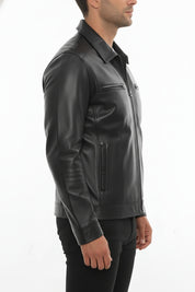 model-side-view - Men's Cafe Racer Leather Jacket, Motorcycle Leather Jacket, Handmade Biker Jacket
