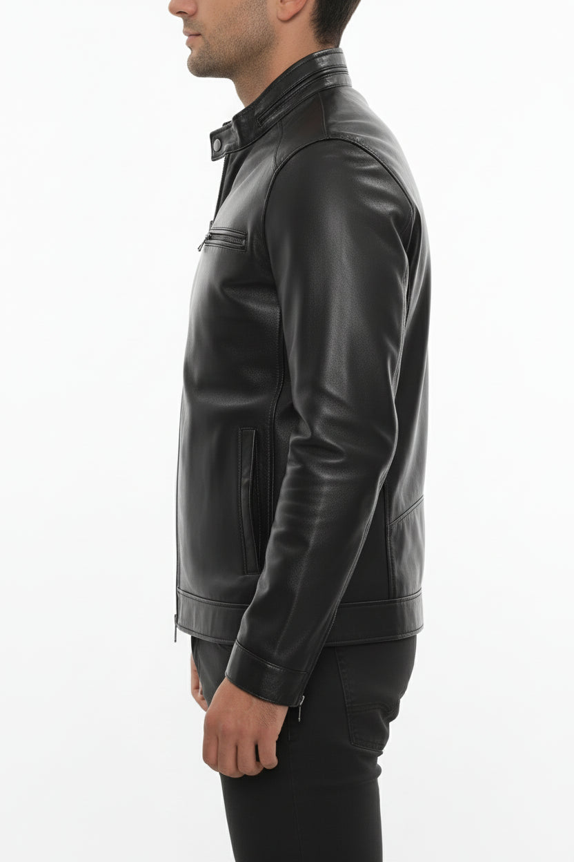 model-side-view - Men's Cafe Racer Leather Jacket, Smooth Leather Biker Jacket, Men's Motorcycle Jacket, Leather Moto Jacket