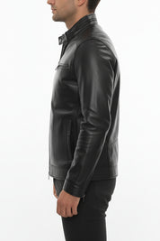 model-side-view - Men's Cafe Racer Leather Jacket, Smooth Leather Biker Jacket, Men's Motorcycle Jacket, Leather Moto Jacket