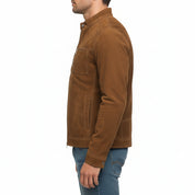 model-side-view - Men's Cafe Racer Suede Jacket, Suede Biker Jacket, Men's Motorcycle Jacket, Brown Suede Moto Jacket